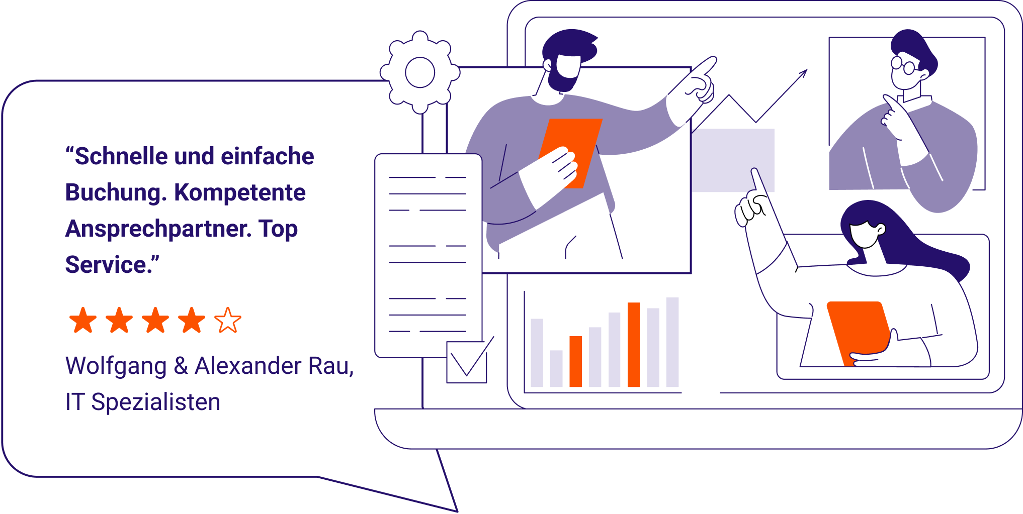illustration zu Kundenfeedback: “Schnelle und einfache Buchung. Kompetente Ansprechpartner. Top Service.”